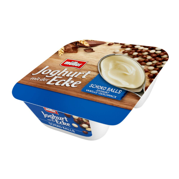 Müller Joghurt mit der Ecke Vanille mit Schoko-Balls