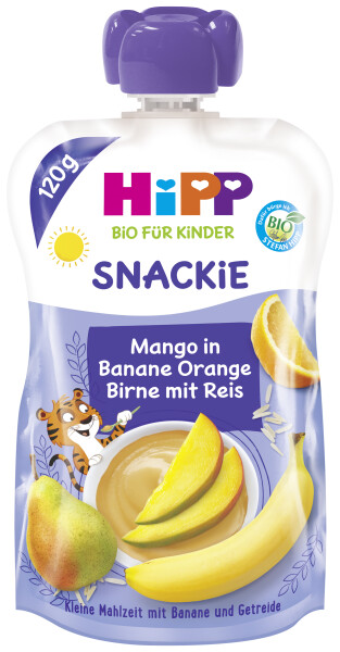 Hipp Bio für Kinder, Snackie Mango in Banane-Orange-Birne mit Reis