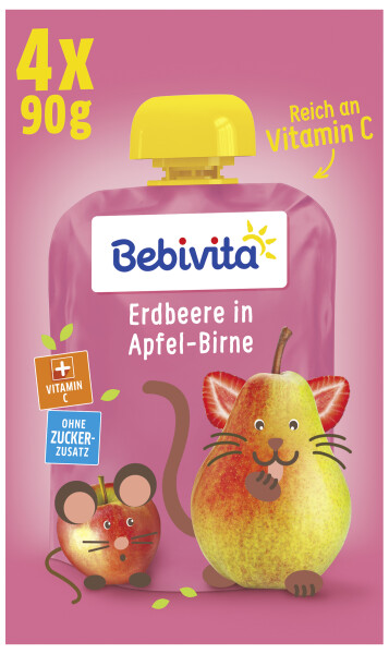 Bebivita Quetschbeutel Frucht Erdbeere in Apfel-Birne, 4 x 90g