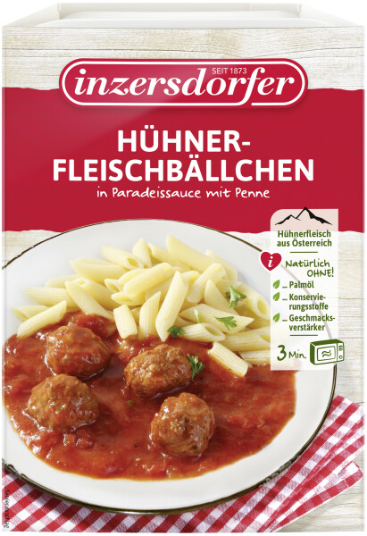 Inzersdorfer Hühnerfleischbällchen in Paradeissauce mit Penne
